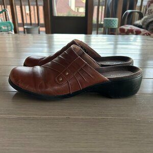 Clarks Tan Brown Sunburst Starburst Leather SlideOn Clog Wedge Mule Cushion 11M